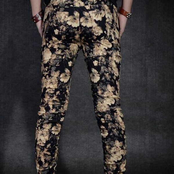 

new arrival flower printing mens skinny pants for man pencil pants fit cotton casual mens trousers plus size 28-36, Black