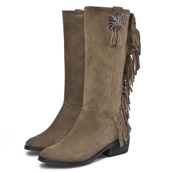 

buonoscarpe 2020 winter new retro fashion middle tube cow suede calf boots roudn toe fringe metal decoration women boots, Black