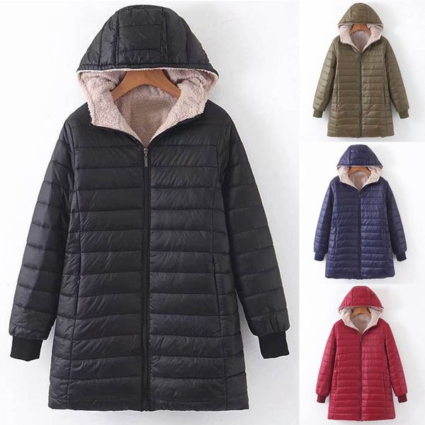 

women fashion loose outerwear long cotton-padded jackets pocket hooded coats jacket women breasted warm parkas snow outwear, Black