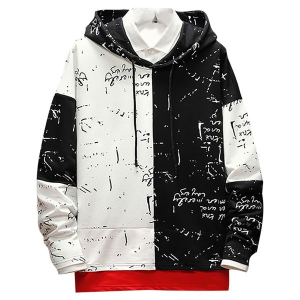 

men's ulzzang harajuku hoodie fashion splicing button pullover long sleeve hooded sweatshirt plain sweatshirts men blouse, Black