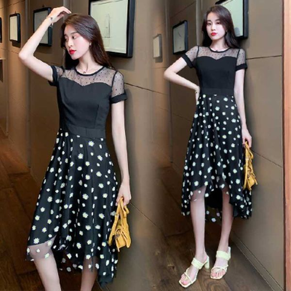 

2020 summer women black plus size short sleeve casual dress floral printied o-neck elegant mesh midi dress ladies party dresses, Black;gray