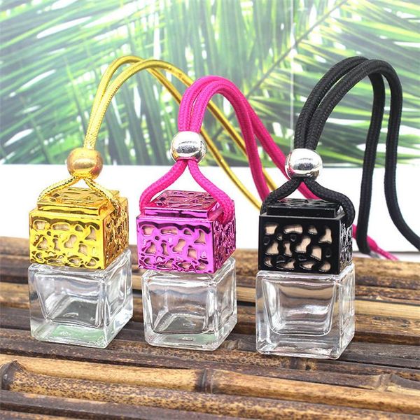 

new cube hollow car perfume bottle rearview ornament hanging air freshener for essential oils diffuser fragrance empty glass bottle pendant