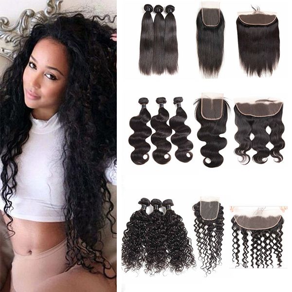 

brazilian virgin hair lace frontal with bundles body wave straight human hair weave water wave hair loose deep 3 bundles with closure, Black