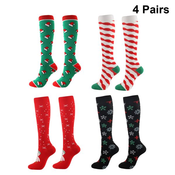 

4 pairs christmas long compression socks nylon sweat absorbing stockings for marathon running athletic, Black