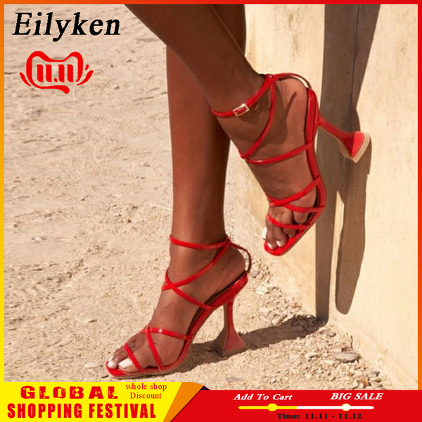 

eilyken plus size 35-42 spike heel red women's sandals open toe gladiator narrow band strap high heels sandals summer women shoe, Black