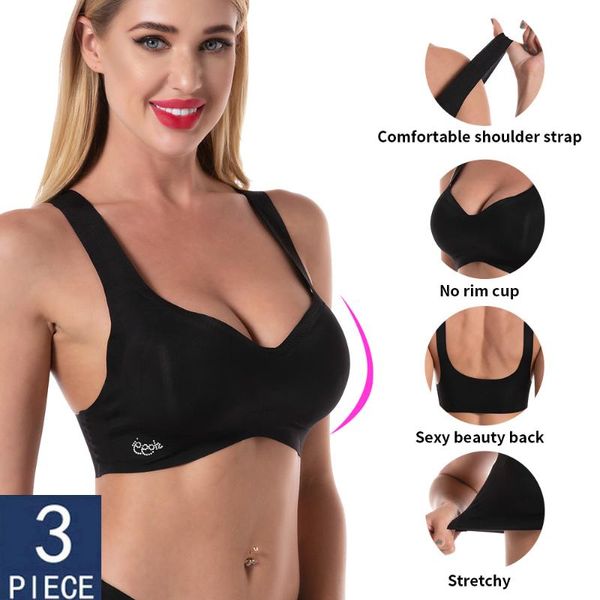 

3 pcs sports bra crop for fitness gym women female underwear sportswear equipment push up brassiere large size pad bralette, White;black