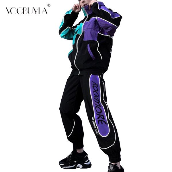 

voobuyla loose tracksuit two piece outfits women long sleeve jacket + long pants running set fashion patchwork sportwear, Black;blue