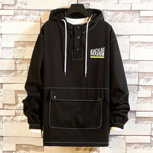 

feitong men's new casual fashion patchwork pocket hoodie long sleeves sweatershirt, Black
