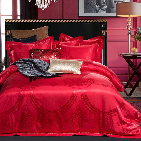 King Queen Size Bedding Sets Chinese Red Satin Jacquard Wedding