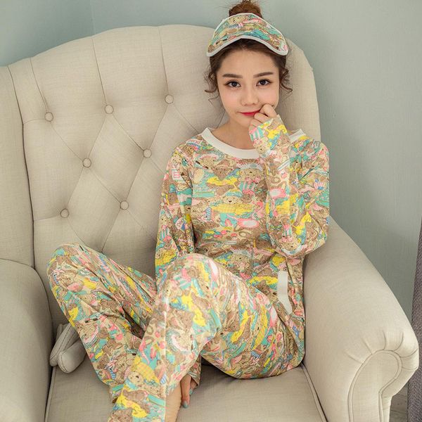 

spring autumn women's print cartoon long sleeve pajamas sets home clothes nightgown sleepwear, Blue;gray