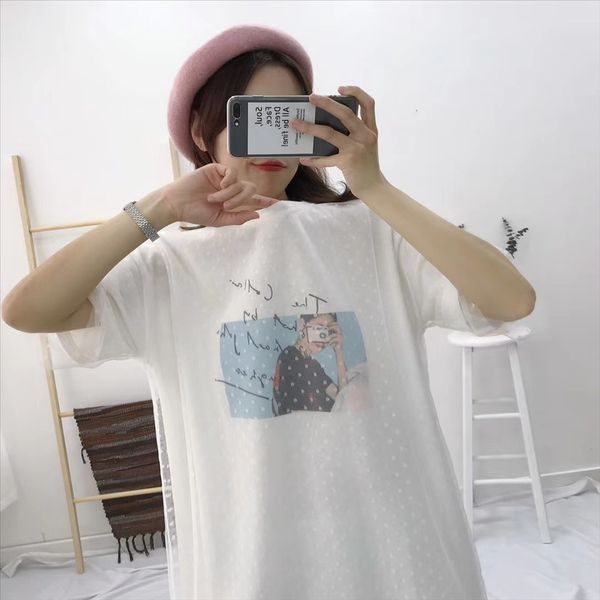 

women's ins fashionable printing medium-length dress long shop t-shirt skirt women's short-sleeved ins fashionable printing short, White