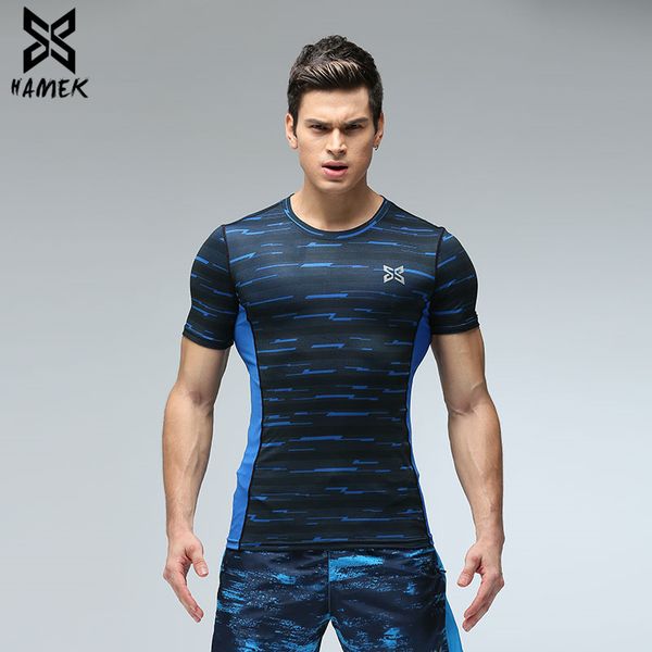 

men compression running t-shirt men gym fitness bodybuilding shirts sportwear shirts base layer workout jogging t-shirts, Black;blue