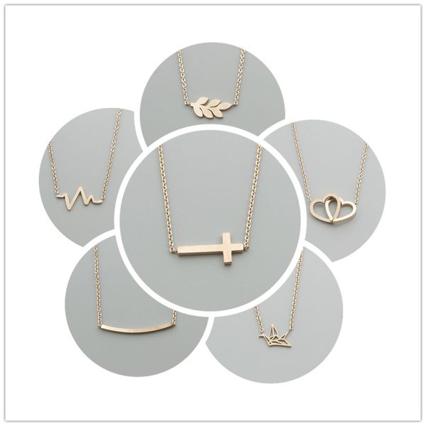 

stainless steel rose gold color leaf heartbeat heart to heart bar crucifix jesus christian cross pendant necklaces for women men, Silver