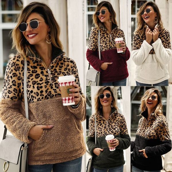 

ladies fluffy oversized hoodie leopard patchwork zip fleece casual plus size sweatshirt women pockets pullover overcoat hoody, Black