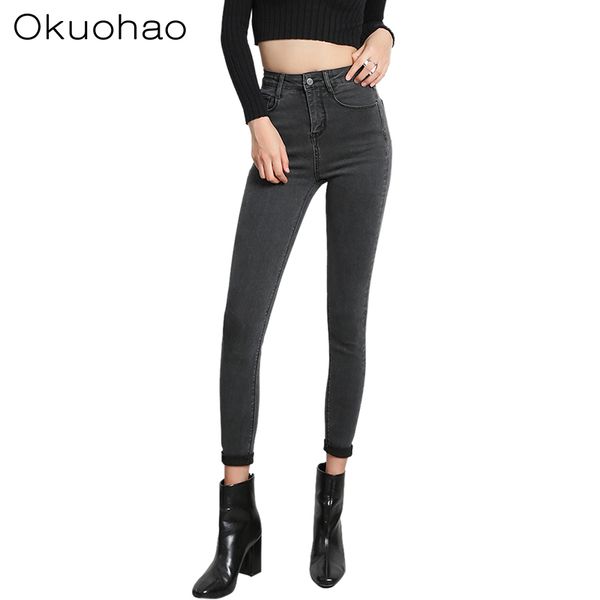 

okuohao2019 plus size button women jeans high waist black pants women high elastic skinny pants stretchy trousers, Blue