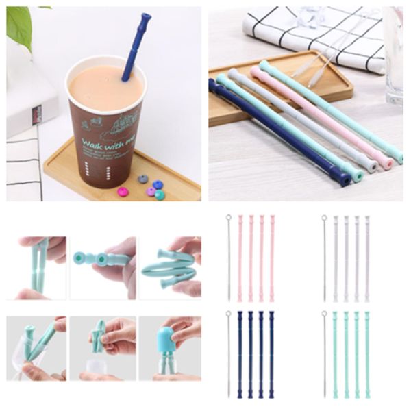 

new silicone foldable drinking straw set with mini box brush reusable coffee straws outdoor travel home kitchen bar silicone strawst2i5147