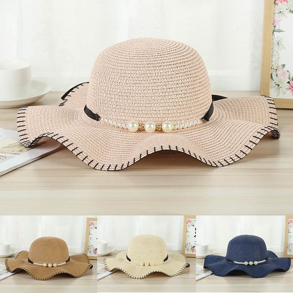 

2019 summer casual sun hat women big wide brim straw hat pearl decoration beach sun foldable cap chapeu de palha sombrero #c, Blue;gray