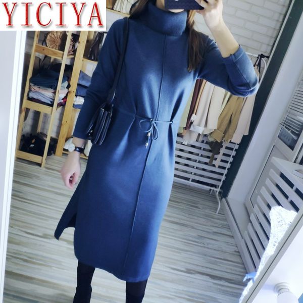 

2020 dresses spring women long sleeve knit maxi dress vertical stripe straight dress turtleneck pullover midi drawsting, Black;gray