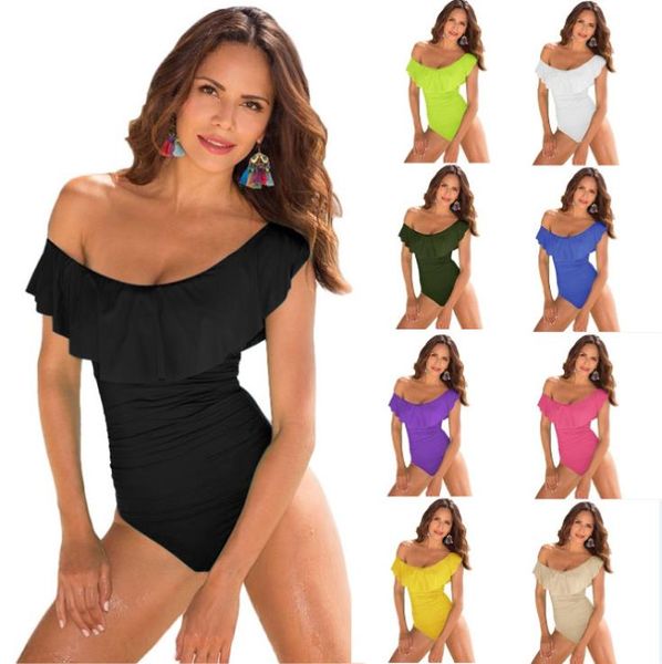 

solid color ruffled one-piece swimsuit s-xl with 14 colors without steel support without chest pad 2019 ladies summer beach swimsuit, White;black