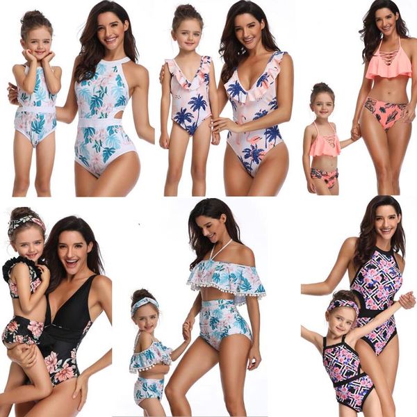 39 Stilleri Moda Sıcak Satış Anne Kızı Mayo Bikini Kıyafetler Mayo Plaj Kadınlar Kız Ruffles Çiçek Ekose Baskı Bikini Setleri