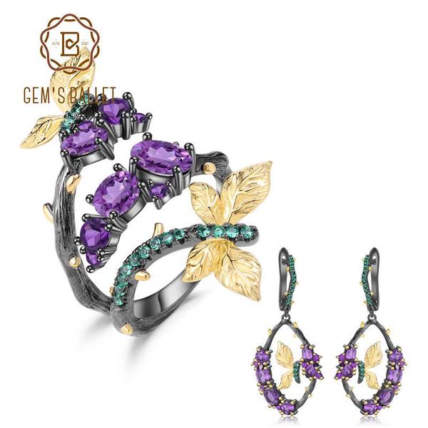 

gem's ballet real 925 sterling silver handmade ring earrings sets for women wedding 5.55ct natural amethyst gemstone jewelry set, Black