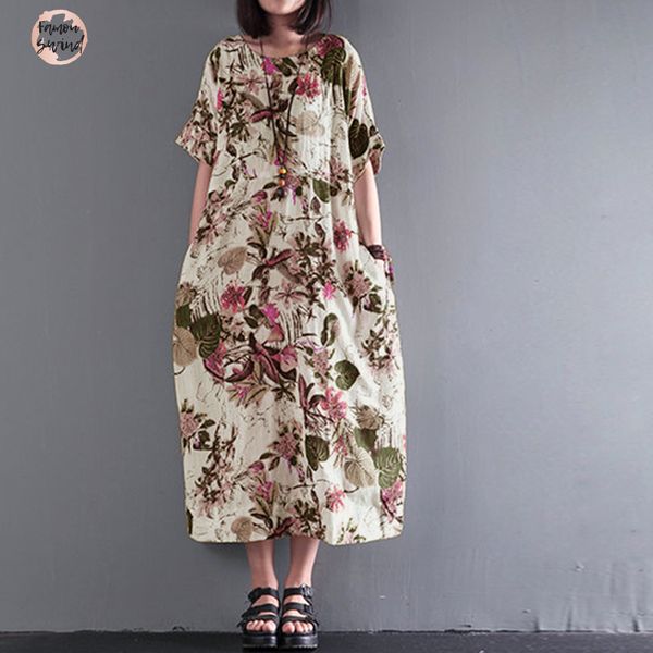 

лето 2019 платье женщины цветочные печати o шеи с коротким рукавом свободные партии хлопка midi платье повседневный плюс размер дизайнер оде, Black;gray
