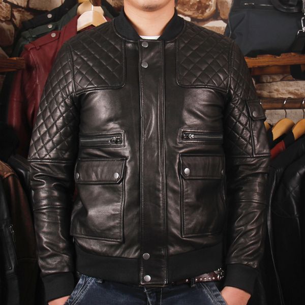 

vegetable tanned sheepskin leather jacket men's motorcycle thin leather clothing short slim fit motorcycle leather jacket, Black
