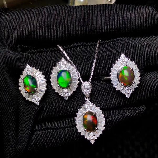 

natural opal gemstone necklace ring earrings and necklace jewelry set with silver, Black