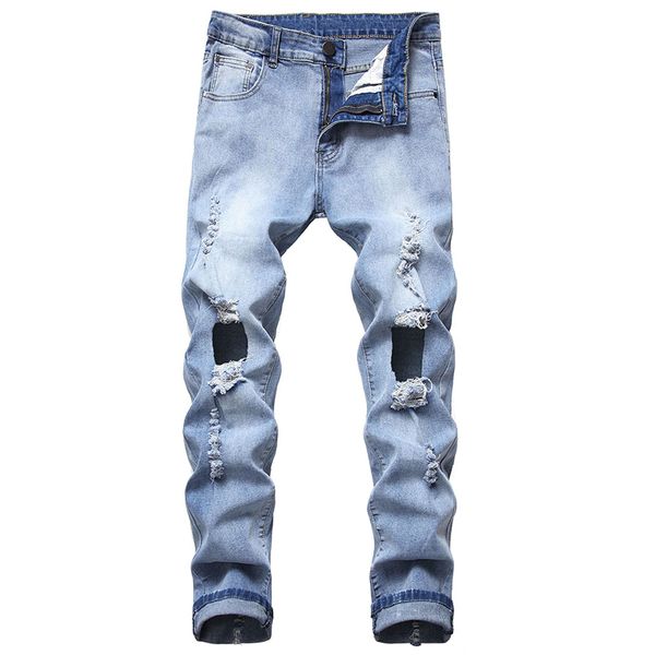 

new ripped jeans men ripped denim shinny slim street clothing personality male denim trousers jean for male plus size, Blue