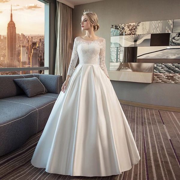 

vestidos de novia 2020 scoop шеи кружева атласная пляж свадебные платья с длина 3/4 длинные рукава пола свадебные платья, White