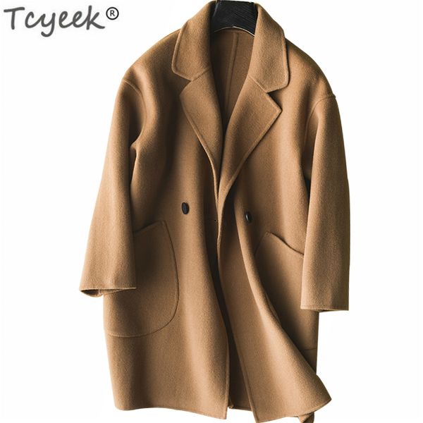 

tcyeek пальто из шерсти и куртки женщины 100% натуральные шерстяные шинель весна осень одежда 2019 двойной брестед пальто outwear lwl1409, Black