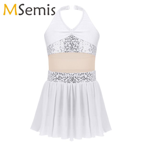 

girls lyrical dance costumes sleeveless halter sequins stretchy mesh splice leotard dress for modern contemporary ballroom dance, Black;red