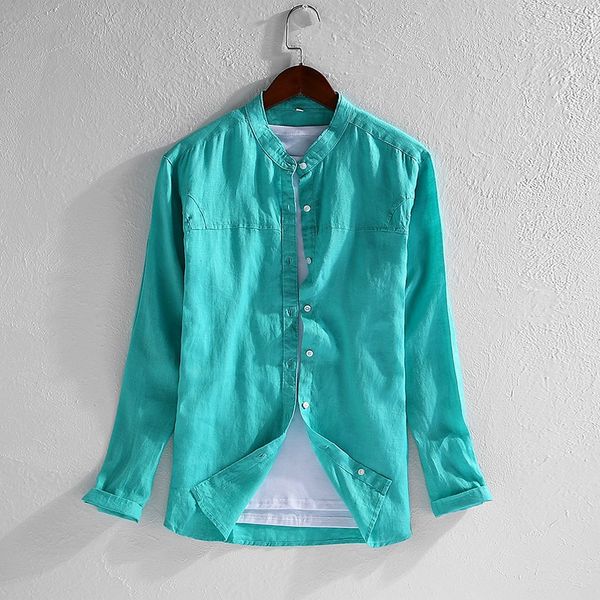 

2020 men's long sleeve shirts green 100%linen summer stand collar fashion casual men clothes y2329, White;black