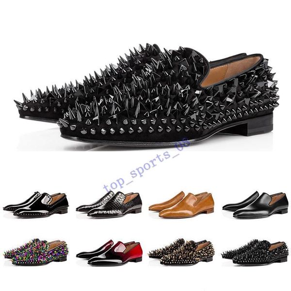 

019 luxury mens designer dress shoes red bottoms casual shoes matt patent leather round toes slip-on spikes flat business sneakers 38-47, Black