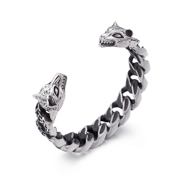 

stainless steel leather cuff bangle biker double wolf heads end open bangle for men bling father gifts .boyfriend gifts, Black