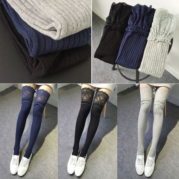 

women lace pacthwork stocking vertical lace cotton knee high tube women long stocking women thigh high over knee socks, Black;white