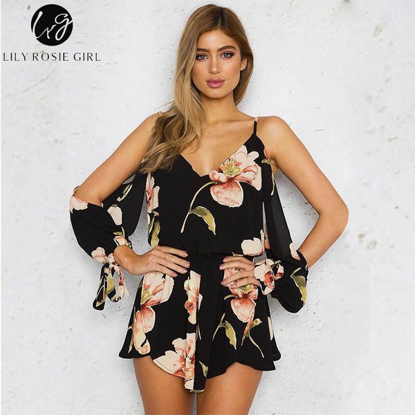 

lily rosie girl off shoulder floral print jumpsuit romper women backless summer beach overalls v neck elegant short playsuit, Black;white
