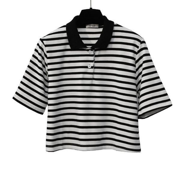 

merry pretty new summer striped design women t-shirt fashion cotton crop turndown collar button short sleeve casual t shirt, White