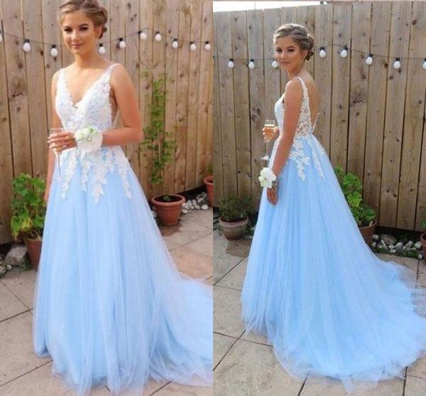 

elegant white lace light sky blue tulle deep v neck prom bridesmaid dresses backless full length long homecoming evening party dress, Black