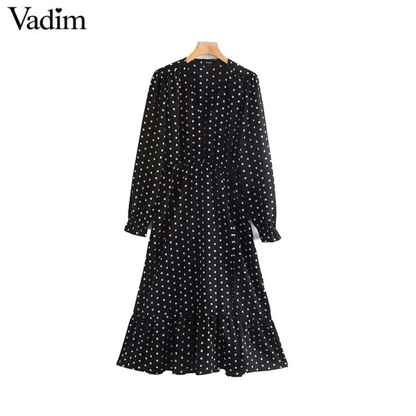

vadim women elegant black polka dots dress long sleeve elastic waist female casual cozy mid calf dresses vestidos qc840, Black;gray