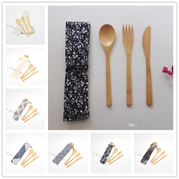 

eco-friendly bamboo cutlery set include knife fork spoon with cloth bag portable flatware student tableware set travel dinnerware set