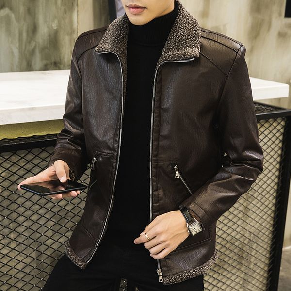 

new autumn winter men's lapel plus velvet plus thick jacket mens can washed pu male faux leather jacket men size 4xl, Black