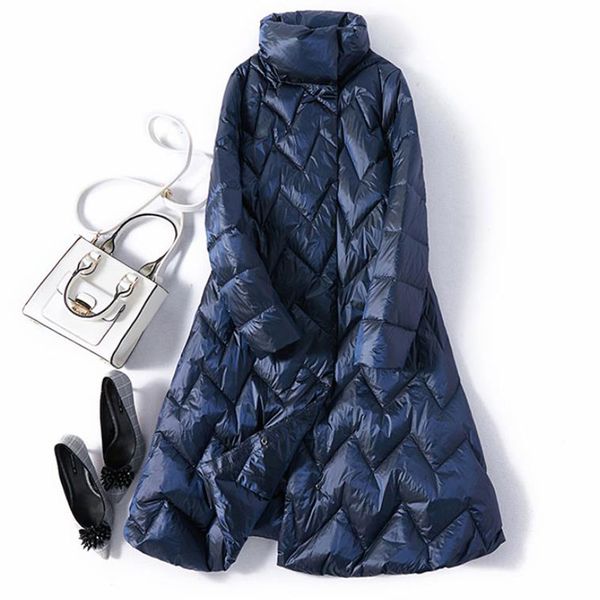 

2019 winter new вниз пальто женщины длинные над коленом моды стенд воротник линия свободный белый тонкий пуховик женщины tide 90, Black