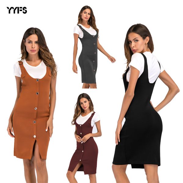 

2019 women's wear straps button fork opening medium length paragraph knitting dress camisole package hip skirt, Red;white