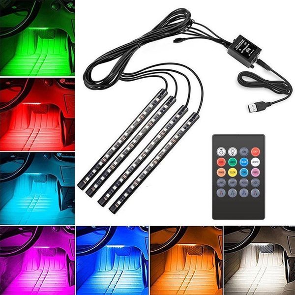 

4pcs 12 smd remote music control colorful rgb led auto car interior floor decorative strip light atmosphere lamp car styling