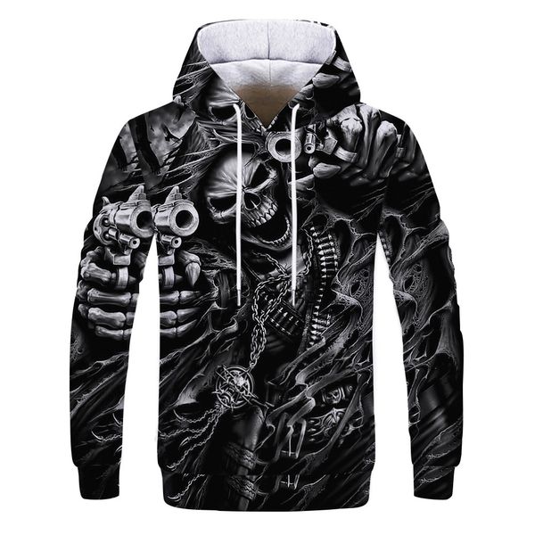 

mens designer skull pistol 3d digital printing hoodie, Black