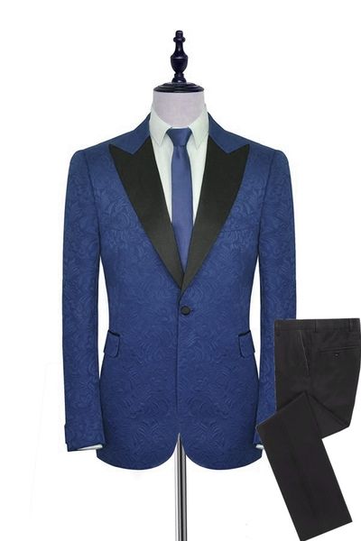 Новые мужские костюмы синий шаблон с черным Groom Tuxedos Пик сатин нагрудные Шафера Свадебное шафером 2 шт (куртка + брюки + галстук) L496