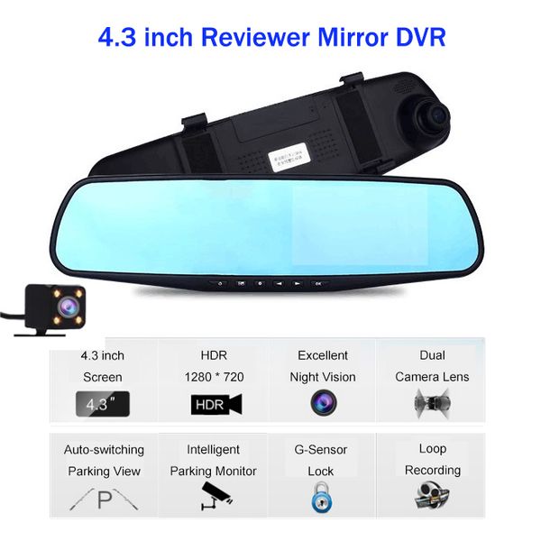 

двойной объектив автомобильный видеорегистратор 4,3 дюйма камера заднего вида зеркало auto digital video recorder blue glass тире cam