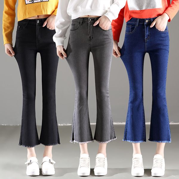 

2019 summer new high-waisted jeans new fashion street style wide leg tassel frayed boyfriend loose gray flare pants, Blue