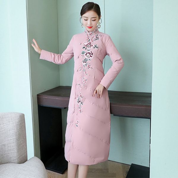 

2019 winter new style mid-length cotton coat women's machine embroidery long sleeve frog cheongsam style cotton coat chinese-sty, Blue;black